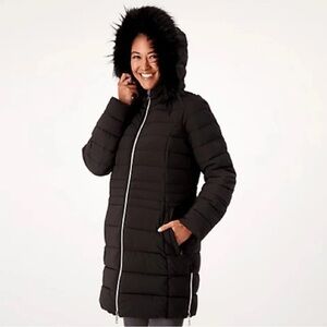 NWT Nuage Women's Stretch Puffer Coat w/ Removable Faux Fur Trim Hood, Moss , XS